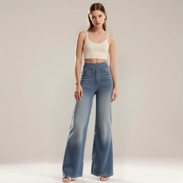 🏆LAST DAY SALE 49% OFF - Women's High-Waisted Washed Baggy Wide-Leg Stretchy Knit Jeans with Multiple Pockets – Comfortable Casual Denim